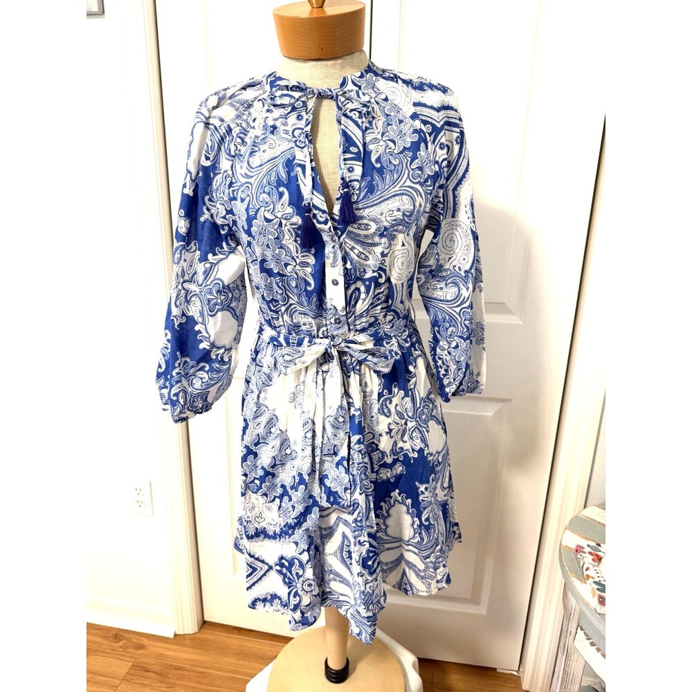 NWT Miami for Francescas Blue Paisley Cotton Dress S Small Boho Tassel New